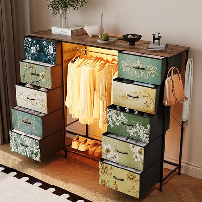 LUMTOK 55" W 2-in-1 Dresser with Hanging Rack, 10 Drawers Dresser for Bedroom,Dressers with Fabric Drawers,LED Lights, Charging Station and Hanging Racks for Bedroom (Retro Pattern)