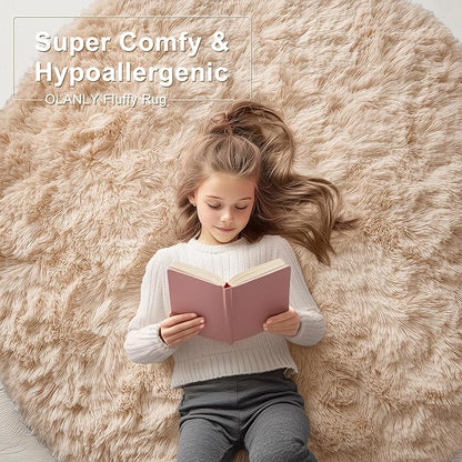 OLANLY Beige Round Rugs for Bedroom - Machine Washable, 8 ft Circle Area Rugs for Living Room, Soft and Fluffy Shaggy Carpet for Teen Girls and Boys, Nursery Rooms, Dorms, Home Decor Aesthetic