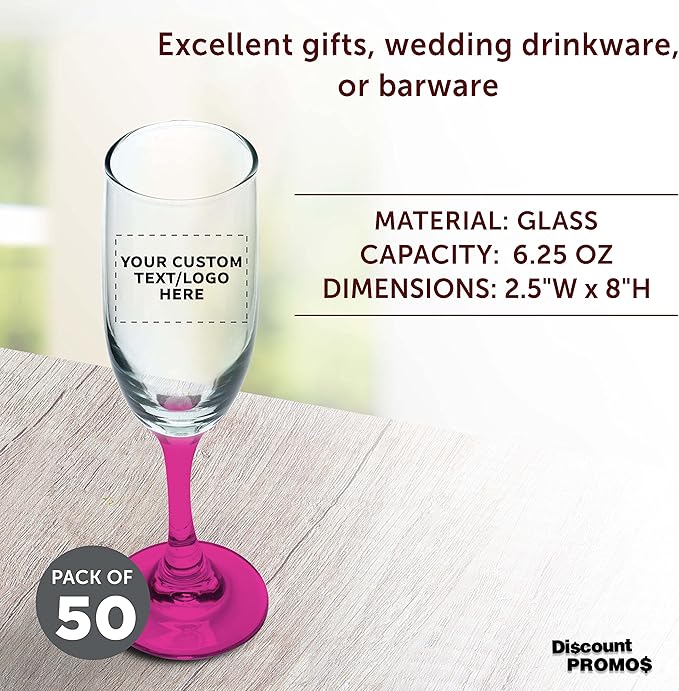 DISCOUNT PROMOS Custom Premiere Champagne Flutes 6.25 oz. Set of 50, Personalized Bulk Pack - Elegant Drinkware for Weddings, Events, & Promotional Gifts - Pink