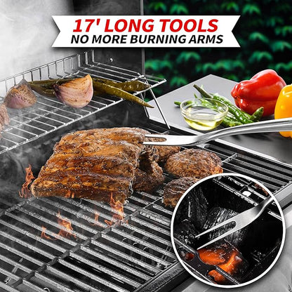 GRILAZ Heavy-Duty Rose Wooden BBQ Grilling Tools Set. Extra Thick Stainless Steel Multi-Function Spatula, Fork & Tongs | Essential Accessories for Barbecue & Grill. Ideal Gift for Father…