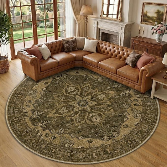 RELEANY Area Rugs Round 10ft Washable Non-Slip, Floral Vintage Distress Medallion Carpet for Living Room Bedroom Dining Room, Brown Dark Brown