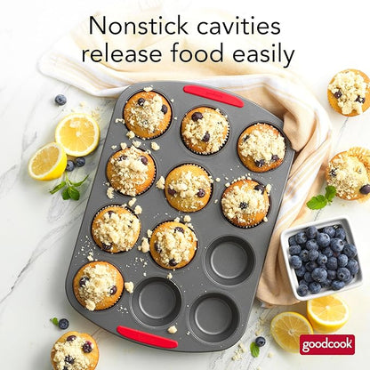 GoodCook MegaGrip 12-Cup Muffin Pan with Silicone Grip Handles Perfect for Cupcakes Durable Heavy-Gauge Steel Construction Scratch-Resistant Nonstick Coating, 15.5x10.5-Inch, Gray