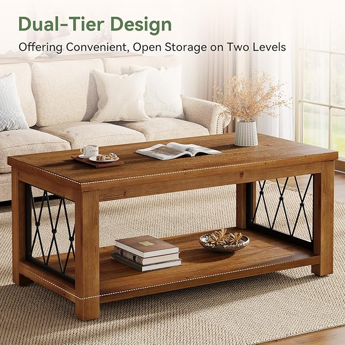 47.2" Solid Wood Coffee Table, Farmhouse Rectangular Center Table, 2-Tier Low Cocktail Tea Table, Rhomboid Metal Frame, Easy Assembly, for Living Room, Bedroom, Balcony & Office