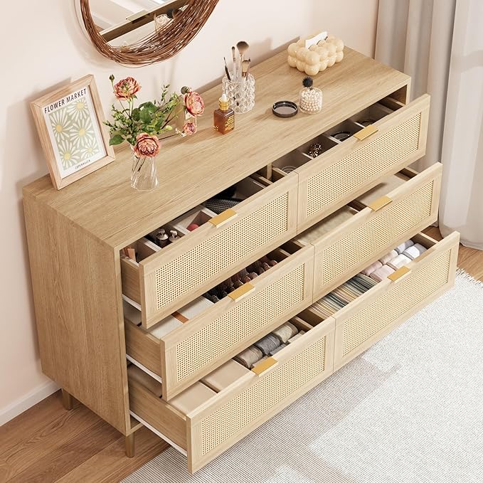 IDEALHOUSE Rattan 6 Drawer Dresser for Bedroom, Modern Chest of Drawers with Gold Legs and Gold Handles, Wide Double Dresser with Large Tabletop and Anti-Tipping Design for Bedroom Living Room, Oak