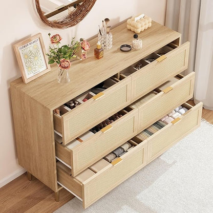 IDEALHOUSE Rattan 6 Drawer Dresser for Bedroom, Modern Chest of Drawers with Gold Legs and Gold Handles, Wide Double Dresser with Large Tabletop and Anti-Tipping Design for Bedroom Living Room, Oak