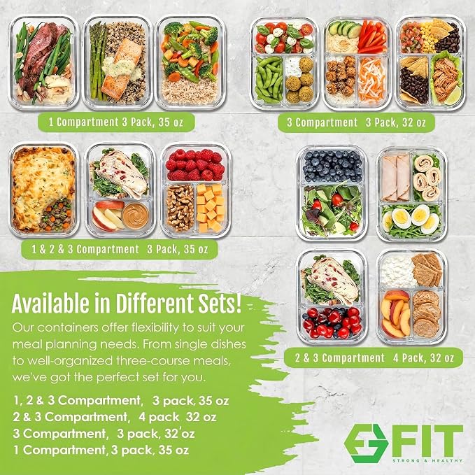 FIT Strong & Healthy Glass Meal Prep Containers, 2 & 3 Compartments - Portion Control, Lunch Container Set, Food Storage, Airtight Lids, Oven & Freezer Safe, Leak-Proof Bento Box, 32 oz, Blue, 4 Pack