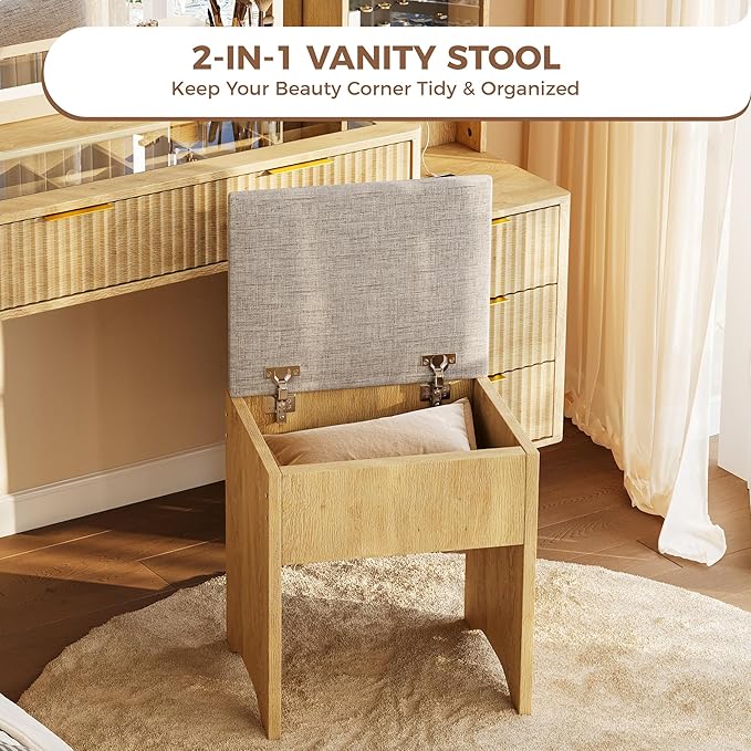 Garvee Vanity Desk with Lighted Mirror, Makeup Vanity with Charging Station, Glass Top Dressing Table with Cushioned Storage Stool for Bedroom, Natual Wood