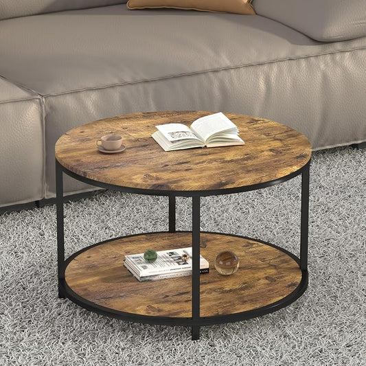 NSdirect Round Coffee Table, 25.6" Small Coffee Table for Living Room,2-Tier Rustic Wood Desktop with Storage Shelf Modern Design Home Furniture(Brown)
