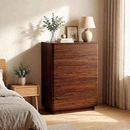 ACCOHOHO 5 Drawer Dresser for Bedroom, 42" Tall Modern Wood Dresser with Hidden Handle Drawers, Large Storage Chest of Drawers for Living Room & Hallway, Curved Profile Design, Dark Walnut