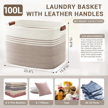 SunNewt 100L Extra Large Laundry Basket with Leather Handles for Living Room Storage, Woven Rope Baskets for Blanket, Kids Toy, Gifts, Wicker Hamper for Bedroom Dirty Clothes, 24"x16"x16" White Brown