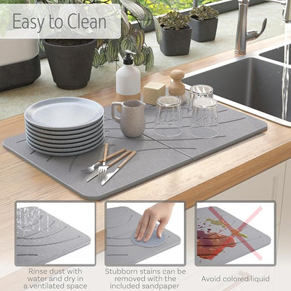 LARGE | PREMIUM | Stone Dish Mat + Bamboo Rack | 24” x 16” | Foldable (Light Gray)