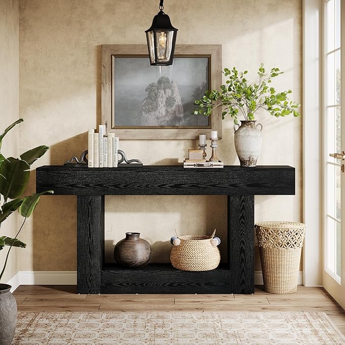 Tribesigns 63-Inch Long Console Table, 2-Tier Entryway Table Sofa Table with Storage, Farmhouse Wood Behind Couch Table for Living Room, Hallway, Black