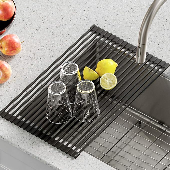 Kraus Multipurpose Over-Sink Roll-Up Dish Drying Rack, Colander and Trivet in Black, KRM-10BLACK (Pack of 4)