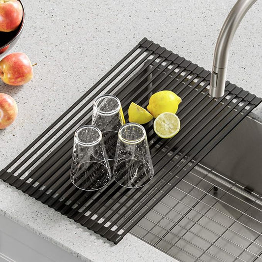 Kraus Multipurpose Over-Sink Roll-Up Dish Drying Rack, Colander and Trivet in Black, KRM-10BLACK (Pack of 4)