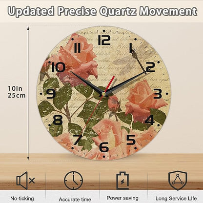 Wall Clock, Vintage Flowers with Roses and Dragonfly Wall Clock Silent Non-Ticking Battery Operated Clock 10 Inch, Home Decor for Living Room, Kitchen, Bedroom and Office