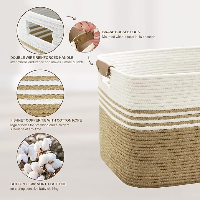 SunNewt 60L Large Laundry Basket with Leather Handles for Living Room Storage, Woven Rope BasketsBin for Blanket, Kids Toy, Gifts, Wicker Hamper for Bedroom Dirty Clothes, 21"x15"x11" Khaki