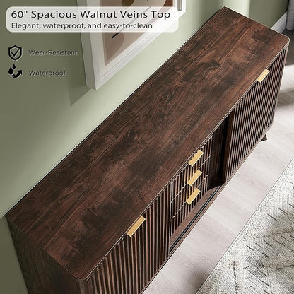 T4TREAM Fluted Buffet Cabinet, 60" Modern Sideboard with Sliding Doors & 4 Drawers, Coffee Bar Table with Storage, Curved Profile Design for Dining Room, Living Room, Dark Walnut