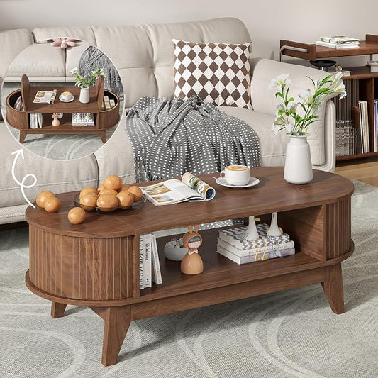 Coffee Table with Storage,Mid Century Modern Coffee Tables with 2 Flip-Top Hidden Lids,Fluted Coffee Table,Wood Center Tables for Living Room Home Office (Walnut Color)