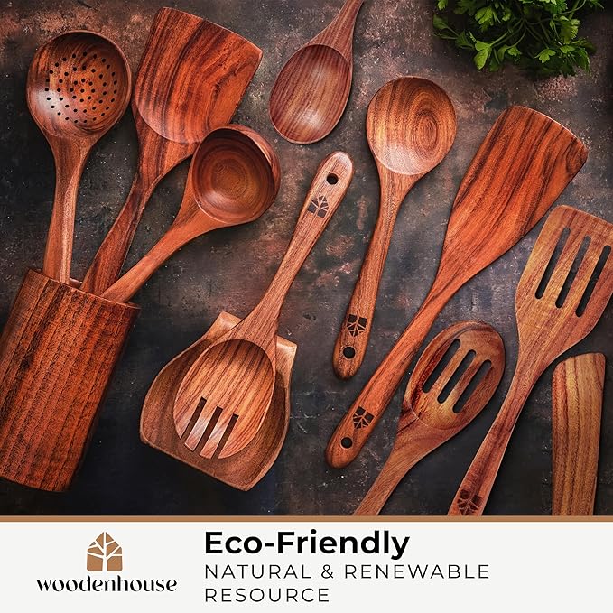 Wooden Spoons for Cooking – 12 Pcs Teak Wooden Utensil Set, Cooking Utensils Set with Holder, Hooks & Spoon Rest - Heat Resistant, Durable, Nonstick Safe Kitchen Cookware