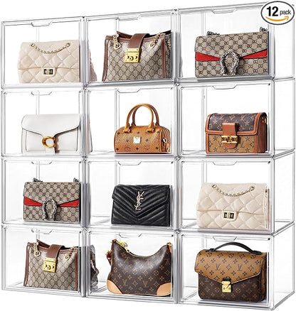 HBlife 12 Pack Purse Storage Organizer for Closet, Large Clear Stackable Handbag Display Case Box with Magnetic Door for Collectibles, Cosmetics, Women Heels and Toys