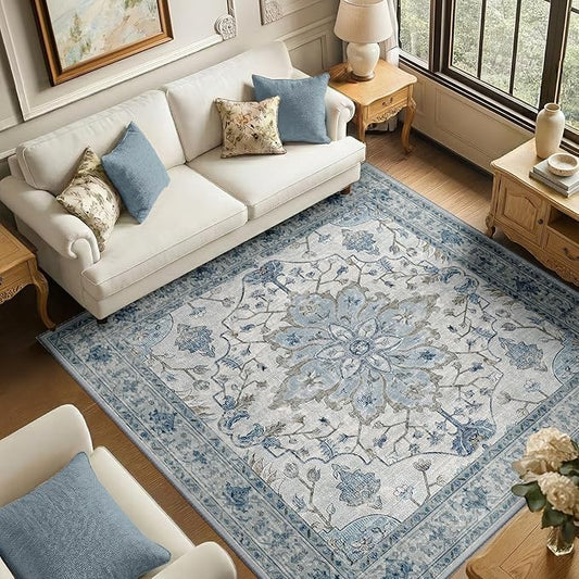 RELEANY Area Rugs Square 6ft Washable Non-Slip, Floral Vintage Distress Medallion Carpet for Living Room Bedroom Dining Room, Light Blue Navy Gray White