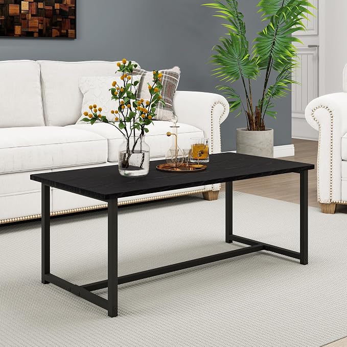 35.4" Rectangular Coffee Table for Living Room, Modern Industrial Style Coffee Table Center Table with Metal Frame for Small Space, Apartment, Office, Easy Assembly, Black