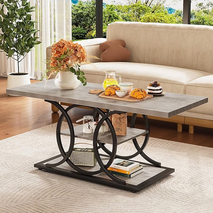 GiftGo Rustic Coffee Table with Storage Industrial 3 Tier Center Living Room Table Farmhouse Wooden Rectangle Cocktail Tea Table for Office Bedroom Elegant Full Moon Design (Vintage Gray, L-47)