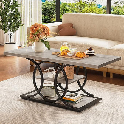 GiftGo Rustic Coffee Table with Storage Industrial 3 Tier Center Living Room Table Farmhouse Wooden Rectangle Cocktail Tea Table for Office Bedroom Elegant Full Moon Design (Vintage Gray, L-47)