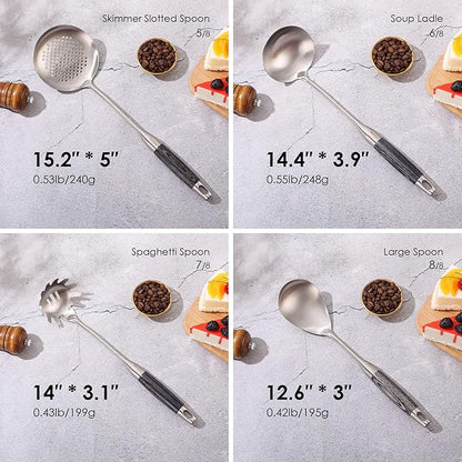 18/10 Stainless Steel Kitchen Utensils Set with Wooden Handle, 8Pcs 15” Long Cooking Utensil Set & Kitchen Gadgets Cookware Set, Serving Utensils-Spatula, Turner, Pasta, Serving Spoon, Skimmer, Ladle