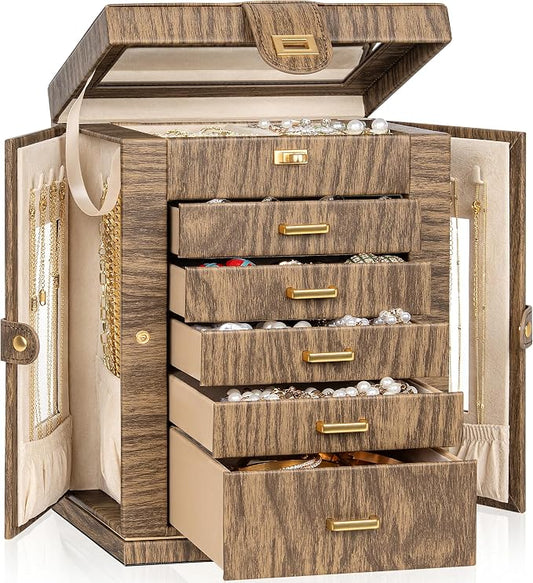 AKOZLIN 6-Tier Jewelry Box Organizer Functional 5 Drawers Leather Jewelry Storage Case for Women Girls Ring Necklace Earring Bracelet Holder Organizer with Mirror Wood Grain 360° Rotating