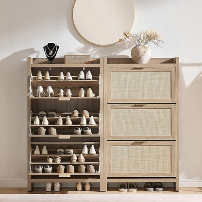 SICOTAS Rattan Shoe Storage Cabinet with 3 Flip Drawers, 30 Pairs Freestanding Shoe Cabinet Storage for Entryway, 57.4" Tall Farmhouse Narrow Shoe Organizer Rack Cabinet for Foyer, Hallway, Light Oak