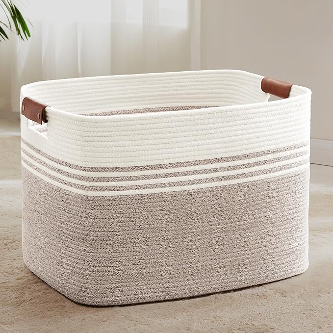 SunNewt 100L Extra Large Laundry Basket with Leather Handles for Living Room Storage, Woven Rope Baskets for Blanket, Kids Toy, Gifts, Wicker Hamper for Bedroom Dirty Clothes, 24"x16"x16" White Brown