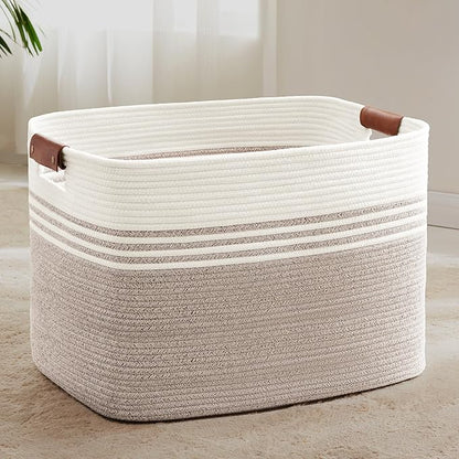 SunNewt 100L Extra Large Laundry Basket with Leather Handles for Living Room Storage, Woven Rope Baskets for Blanket, Kids Toy, Gifts, Wicker Hamper for Bedroom Dirty Clothes, 24"x16"x16" White Brown