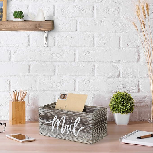 MyGift Mail Holder Storage Organizer Box Torched Wood with MAIL Script Design, Desktop Letters, Bills, Notes and Postcard Bin for Home Office Dorm Room
