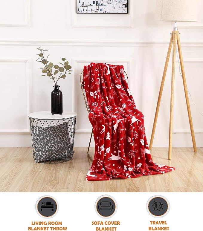 Elegant Comfort Luxury Velvet Super Soft Christmas Prints Fleece Blanket-Holiday Theme Home Décor Fuzzy Warm and Cozy Throws for Winter Bedding, Couch and Gift, 50 x 60 inch, Burgundy Reindeer