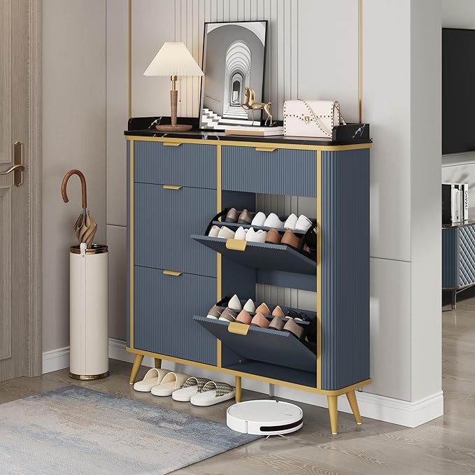 Shoe Cabinet with 4 Flip Drawers and 2 Drawers, Modern Fluted Wood Shoe Storage with Adjustable Shelves, Narrow Slim Shoe Organizer for Entrance, Foyer, Hallway, Navy Blue