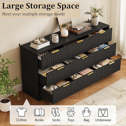 Fluted 9 Drawers Dresser for Bedroom, 63" Wide Wood Dressers Chest of Drawers with Metal Handle, Long Modern Dresser TV Stand Storage Organizer for Living Room, Black
