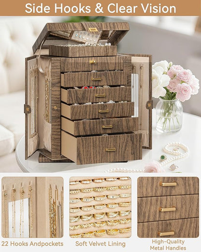 AKOZLIN 360° Rotating Jewelry Box Extra Large 6-Tier Organizer Functional Jewelry Storage Case for Women Girls Ring Necklace Earring Bracelet Holder with Mirror Color Wood Grain