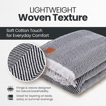 Gold Case Throw Blanket for Bed - 100% Recycled Turkish Cotton Blanket - Elegant Lightweight Soft Throw Blankets for Bed & Living Room - Twin Size Cozy Blankets - 71x90 - Black