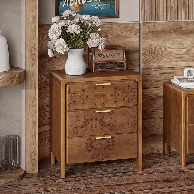 COZAYH Farmhouse Nightstand with 3 Drawer, Distressed Wood Rustic Accent Dresser, Burl Finish Bedside Table for Bedroom, Entryway, Fully Assembled, Brown