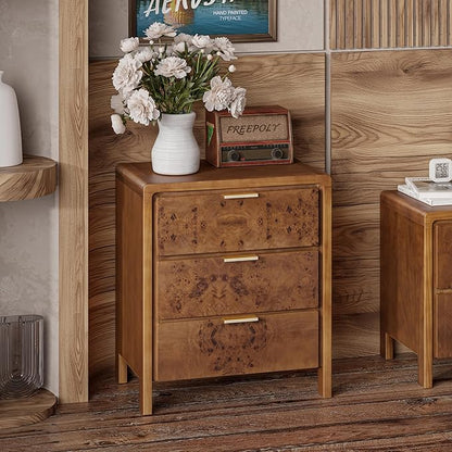 COZAYH Farmhouse Nightstand with 3 Drawer, Distressed Wood Rustic Accent Dresser, Burl Finish Bedside Table for Bedroom, Entryway, Fully Assembled, Brown