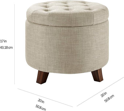 Amazon Basics Round Storage Ottoman Foot Rest, Button Tufted Upholstered Footstool with Storage, Sturdy Linen Fabric for Living Room and Bedroom, 20" x 17", Beige