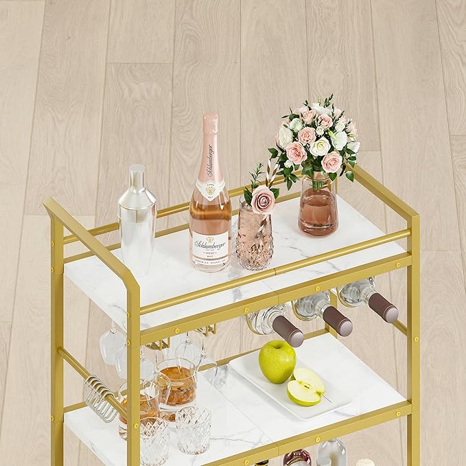 3 Tier Bar Cart, Small Beverage Cart, Mini Bar Cart with Wine Rack, Home Bar Serving Cart with Wheels for Kitchen Dining Living Room (Gold, General)