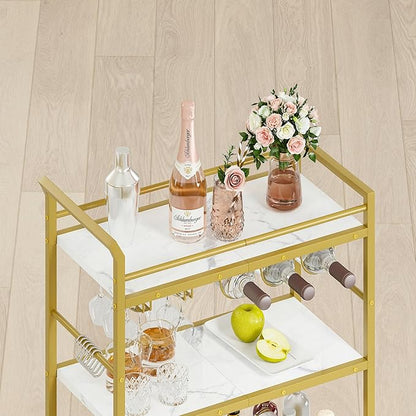 3 Tier Bar Cart, Small Beverage Cart, Mini Bar Cart with Wine Rack, Home Bar Serving Cart with Wheels for Kitchen Dining Living Room (Gold, General)