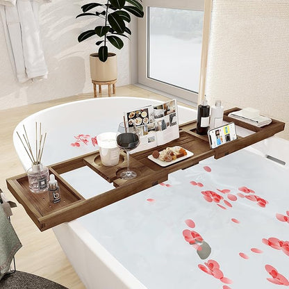 Teak Bathtub Tray - Luxury Bath Tray with Expandable Handles, Wine Glass and Phone Holders, Book Stand - Perfect for Home Spa Relaxation and Reading - Natural Bath Accessories - Dark Walnut Color