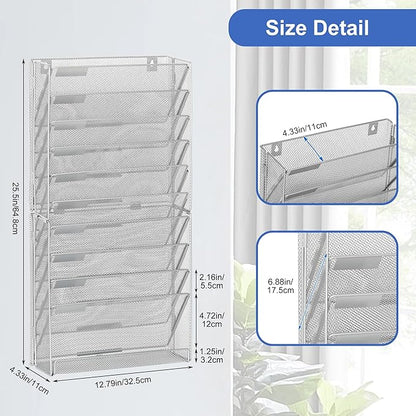 EasyPAG Wall File Holder 10 Tier Mesh Hanging Folder Organizer with Flat Tray Wall Mounted Mail Organizer Magazine Paper Desk Shelf with Nametag Label for Office Home School, Silver