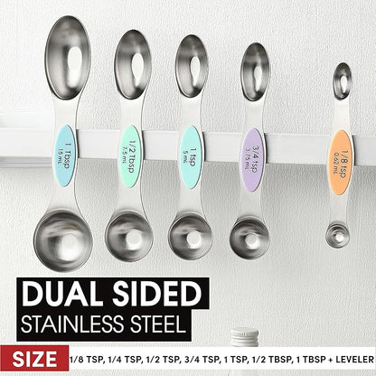 Spring Chef Stainless Steel Magnetic Measuring Spoons Set of 8 with Leveler, Metal Teaspoon & Tablespoon Measuring Spoons for Dry and Liquid Ingredients, Kitchen Gadgets for Baking & Cooking - Pastel