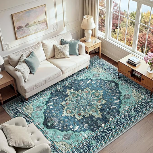 RELEANY Area Rugs 6'x9' Washable Non-Slip, Floral Vintage Distress Medallion Carpet for Living Room Bedroom Dining Room, Teal Green Lake Blue Turquoise