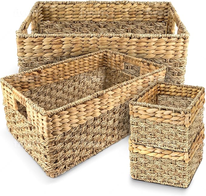 Seagrass and Hyacinth Nesting Wicker Basket, Multi-Size, 4 pack, Natural Woven Storage Baskets for Organizing Living Room, Shelves, Pantry
