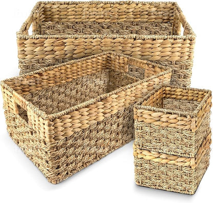 Seagrass and Hyacinth Nesting Wicker Basket, Multi-Size, 4 pack, Natural Woven Storage Baskets for Organizing Living Room, Shelves, Pantry